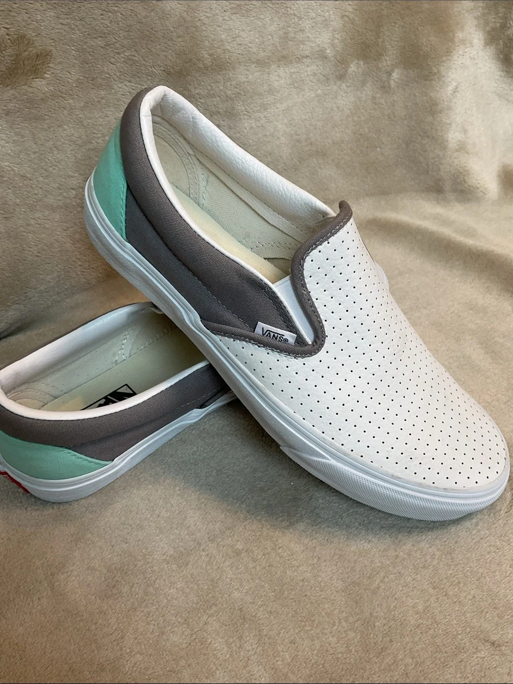 Vans White Perforated Slip-On Sneakers with Gray Trim Size 10.5 W